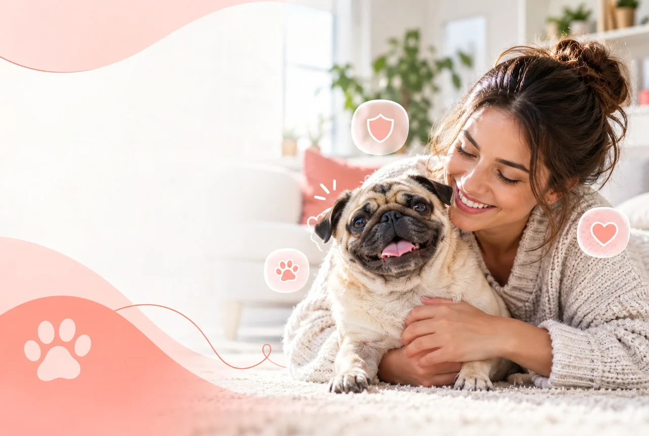 Owner holding a pug calmly on a sofa