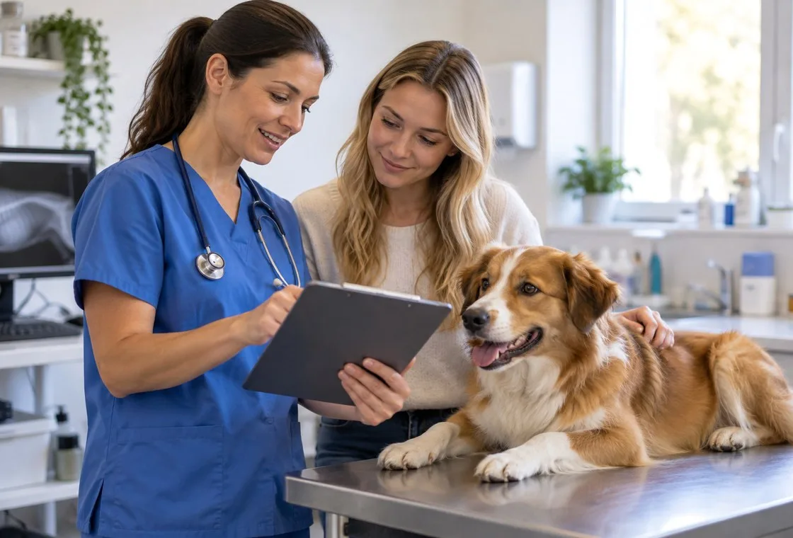 Veterinarian discussing a tablet with a dog owner in an examination room
